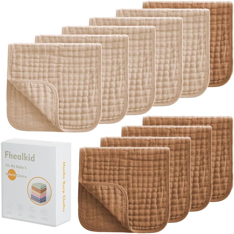 Fhealkid Muslin Burp Cloths Sets Newborn Baby Boy Essentials Must Haves 100% Cotton 10 Pack 22" X 10",6-Layer Baby Bibs & Burp Cloths for Baby Drool and Messes - Soft, Safe & Gentle for Boys & Girls Multi - Image 1